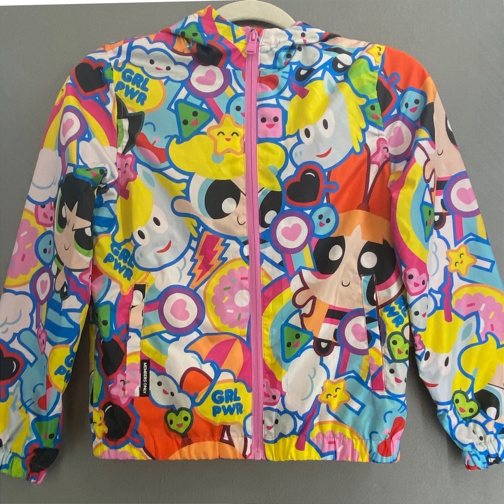 Members Only Powerpuff Girls Windbreaker Jacket Kids Size 10/12 Hooded Zip Pink